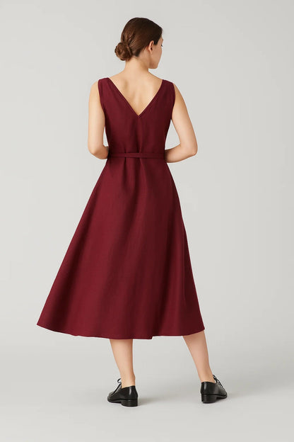 Robe Midi Femme - Portefeuille Col V Sans Manches Poches | Élégante