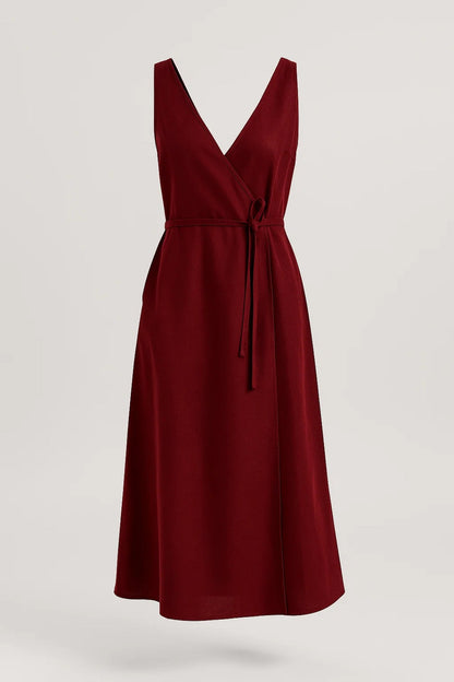 Robe Midi Femme - Portefeuille Col V Sans Manches Poches | Élégante