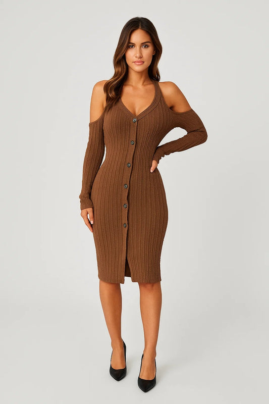 Robe Midi Femme - Coupe Moulante Épaules Dénudées | Chic