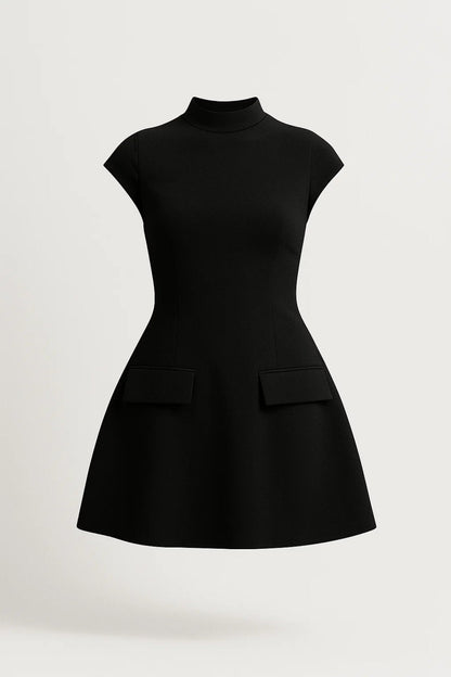 Robe Mini Femme - Col Montant Manches Courtes Évasée | Chic