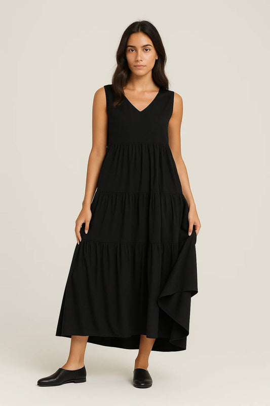 Robe Maxi Femme - Sans Manches Col V avec Jupe Étagée | Casual