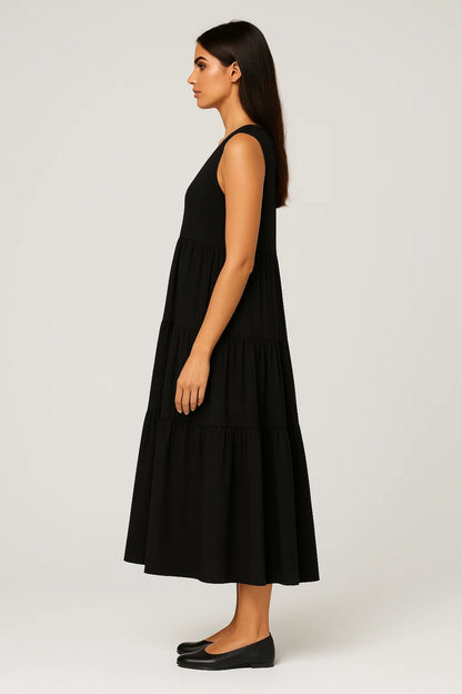 Robe Maxi Femme - Sans Manches Col V avec Jupe Étagée | Casual