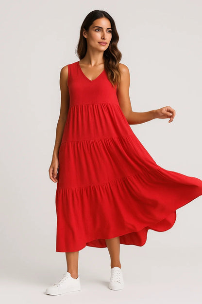 Robe Maxi Femme - Sans Manches Col V avec Jupe Étagée | Casual