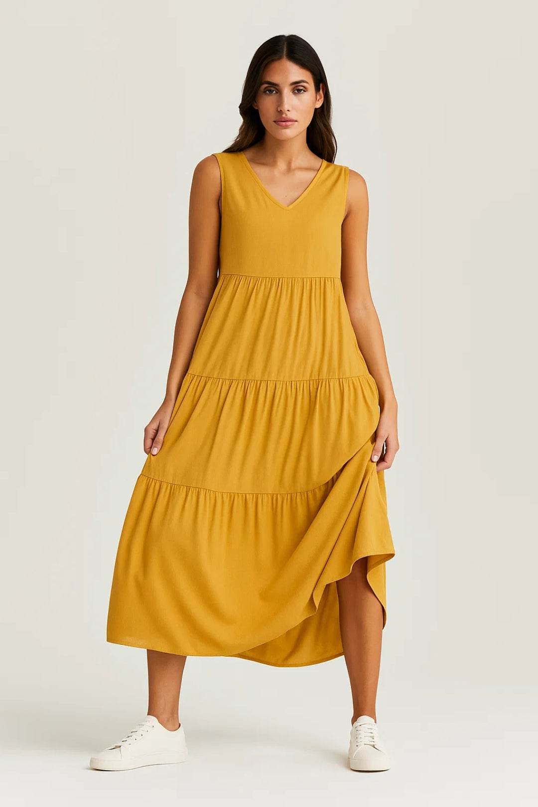 Robe Maxi Femme - Sans Manches Col V avec Jupe Étagée | Casual