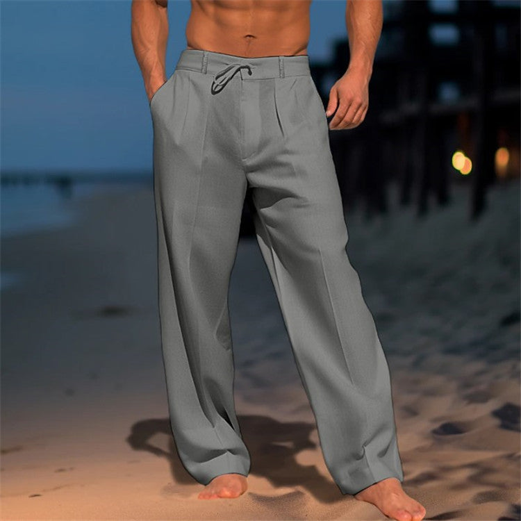 Romain - Pantalon en Lin Homme Habillé avec Pince et Cordon Style Classique