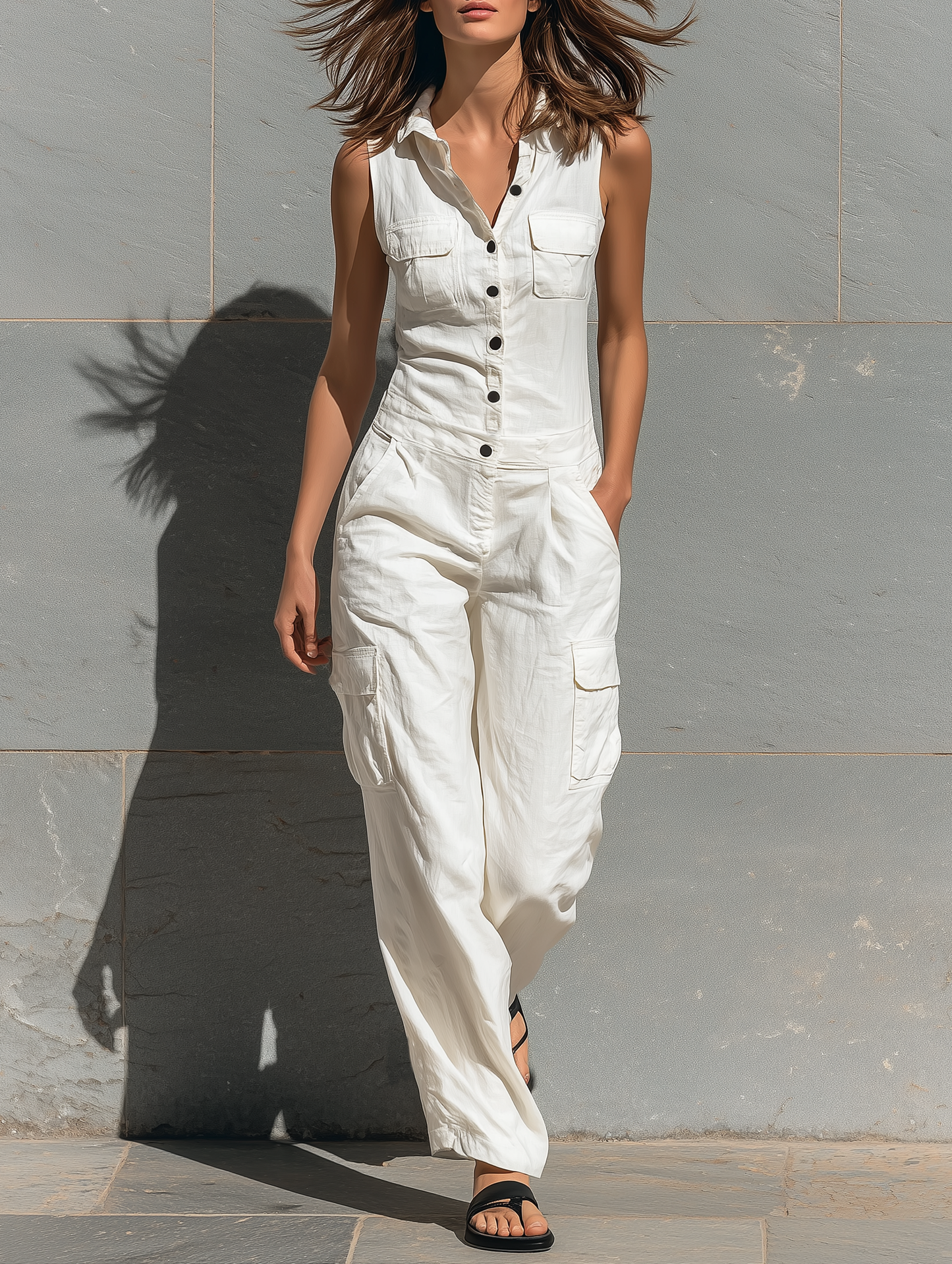 Romane - Combinaison en Lin Femme Moderne avec Poches Cargo et Col Chemise