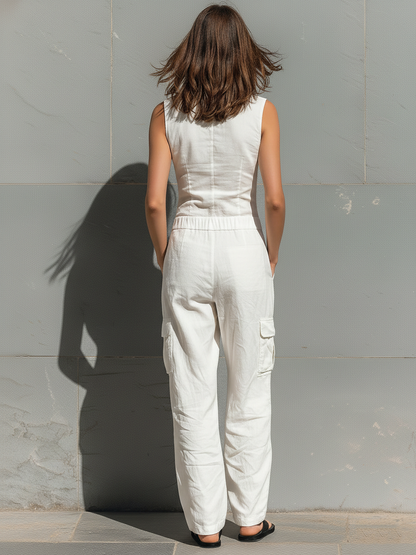 Romane - Combinaison en Lin Femme Moderne avec Poches Cargo et Col Chemise