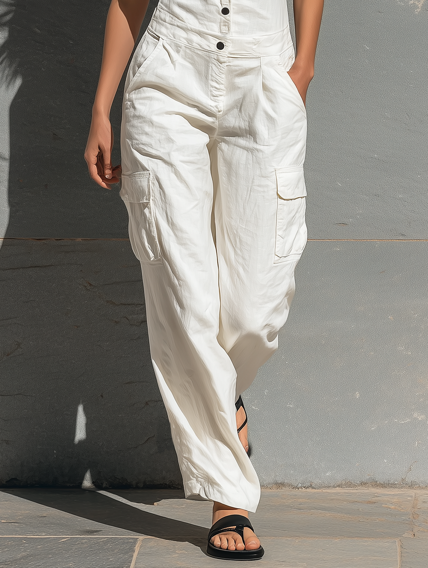 Romane - Combinaison en Lin Femme Moderne avec Poches Cargo et Col Chemise