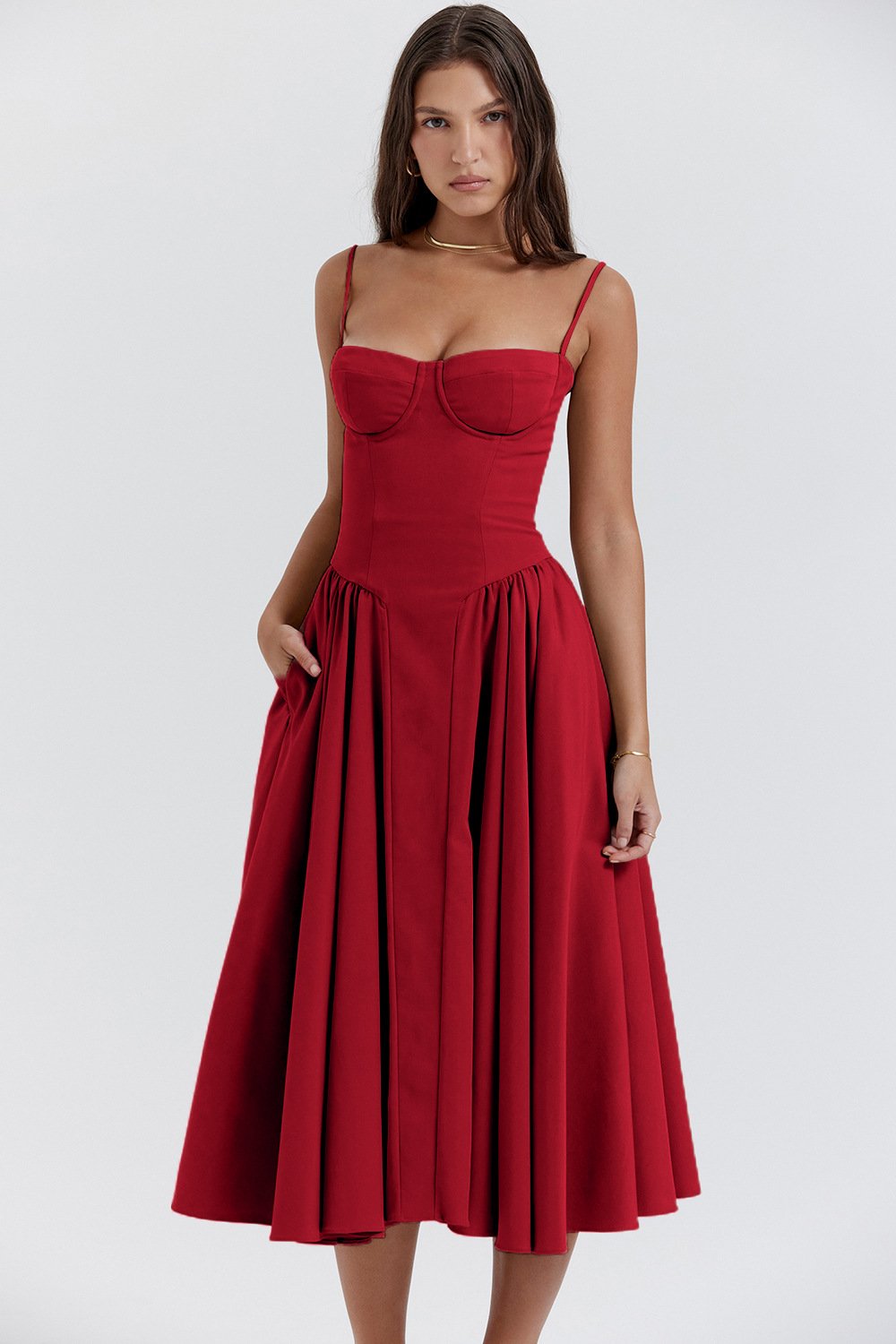 Rosalie - Robe Invitée Mariage Femme Midi Bustier Corset à Bretelles Fines et Jupe Plissée Chic