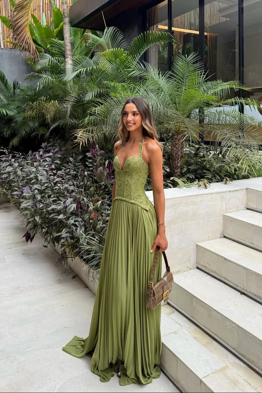 Rosalie - Robe Invitée Mariage Femme Élégante à Bretelles Croisées avec Haut Brodé et Jupe Plissée