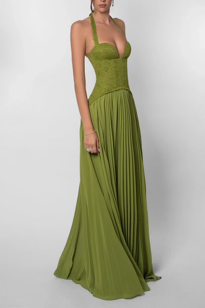Rosalie - Robe Invitée Mariage Femme Élégante à Bretelles Croisées avec Haut Brodé et Jupe Plissée