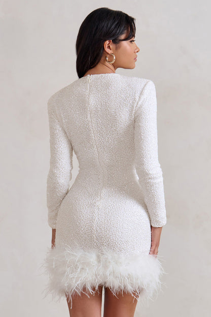 Roxane - Robe d'Été Mini Femme Glamour à Paillettes avec Manches Longues et Ourlet à Plumes
