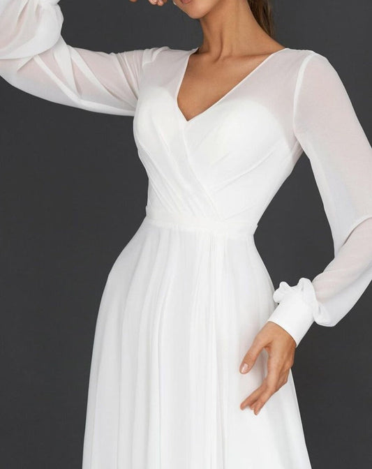 Séraphine - Robe Invitée Mariage Femme Maxi Col V Croisé avec Manches Longues Transparentes Élégante