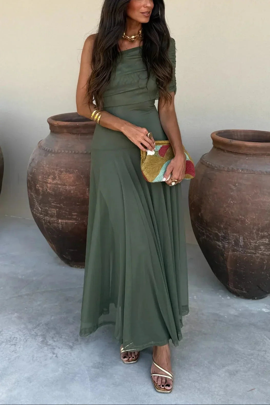 Séraphine - Robe Invitée Mariage Femme Élégante à une Épaule avec Drapé Fluide et Coupe Maxi