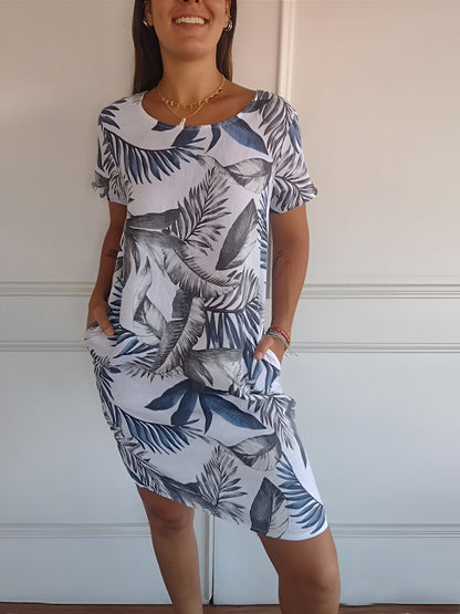 Sophie - Robe d'Été Femme Imprimé Tropical à Poches et Manches Courtes Décontractée Casual
