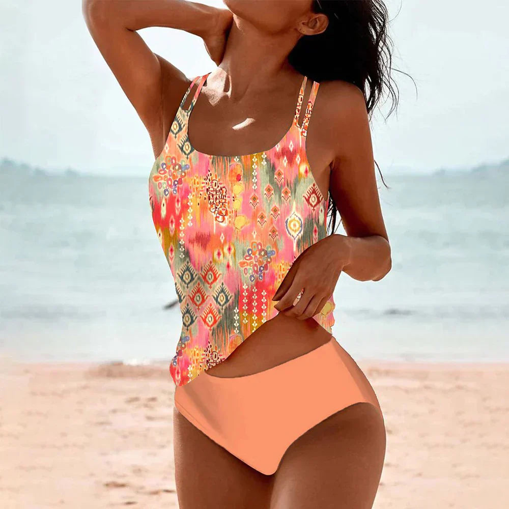Soraya - Maillot de Bain Femme Bohème Deux Pièces à Imprimé Mandala avec Haut Tankini et Taille Haute