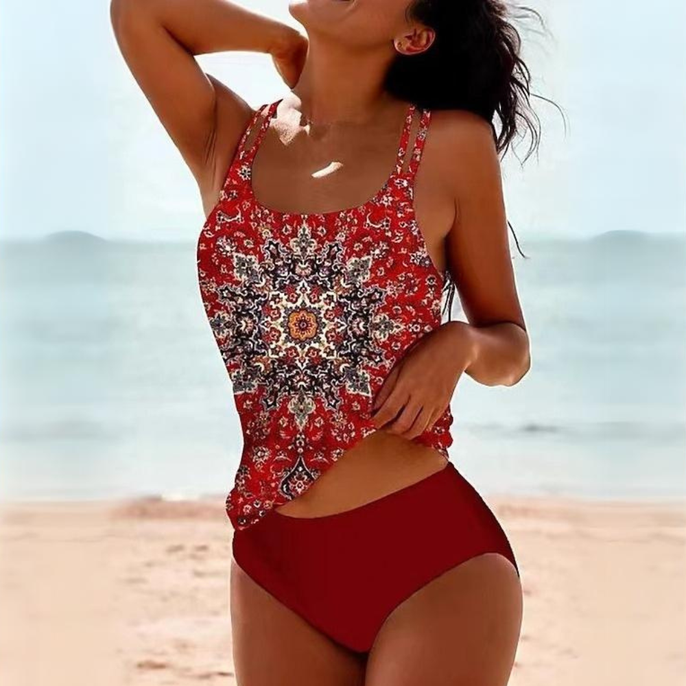 Soraya - Maillot de Bain Femme Bohème Deux Pièces à Imprimé Mandala avec Haut Tankini et Taille Haute