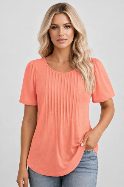 Top Femme - Manches Courtes Col Rond Détail Plissé | Casual