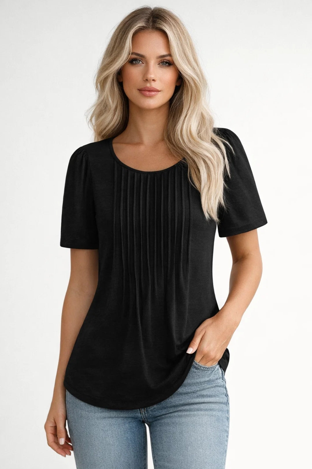 Top Femme - Manches Courtes Col Rond Détail Plissé | Casual