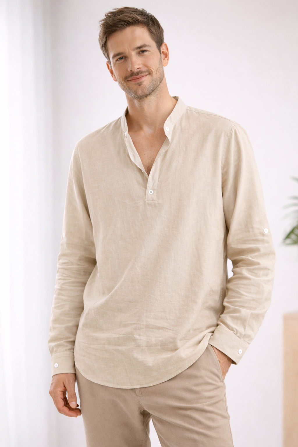 Théo - Chemise en Lin Homme Bohème à Col Mao et Manches Retroussables Casual