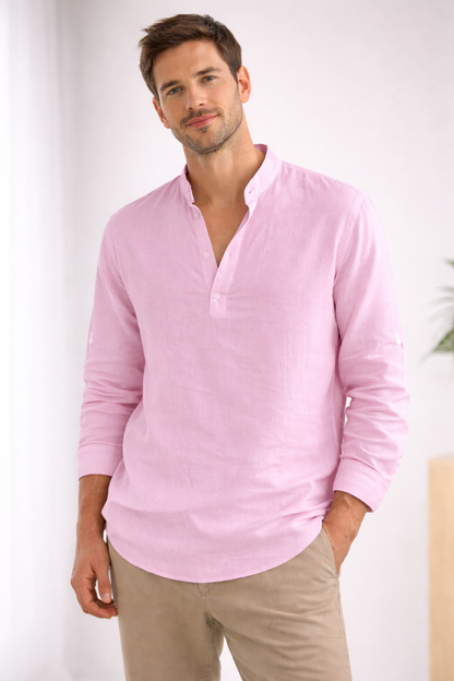 Théo - Chemise en Lin Homme Bohème à Col Mao et Manches Retroussables Casual