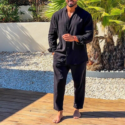 Théo - Ensemble en Lin Homme Casual avec Chemise Col Mao et Pantalon Assorti