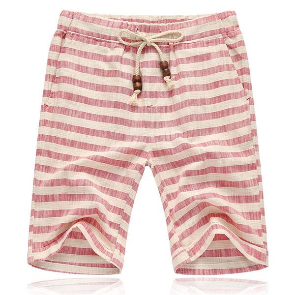 Théo - Short en Lin Homme Casual avec Cordon à Perles et Motif Rayé