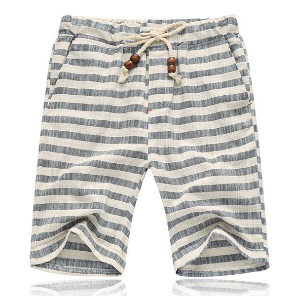 Théo - Short en Lin Homme Casual avec Cordon à Perles et Motif Rayé