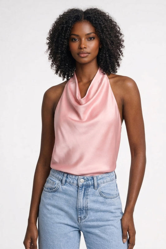Top Femme - Halter Brillant avec Drapé Col | Élégant