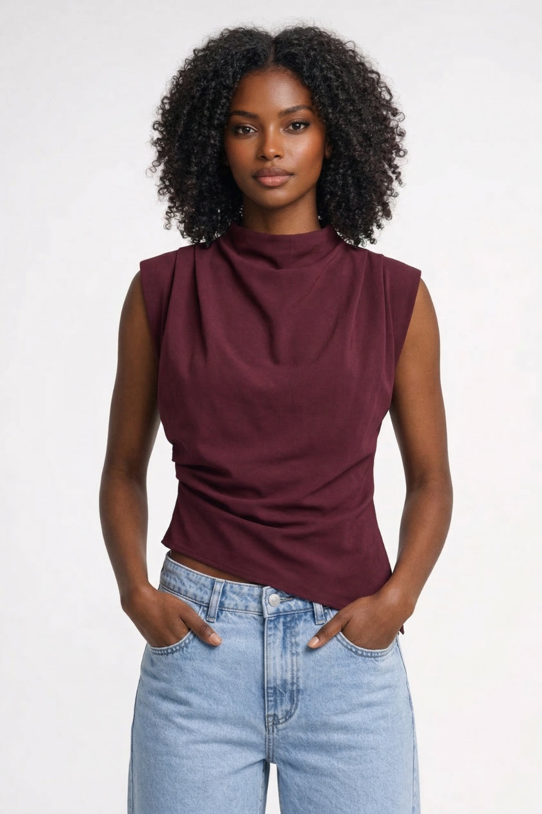 Top Femme - Sans Manches Col Montant avec Drapé | Élégant