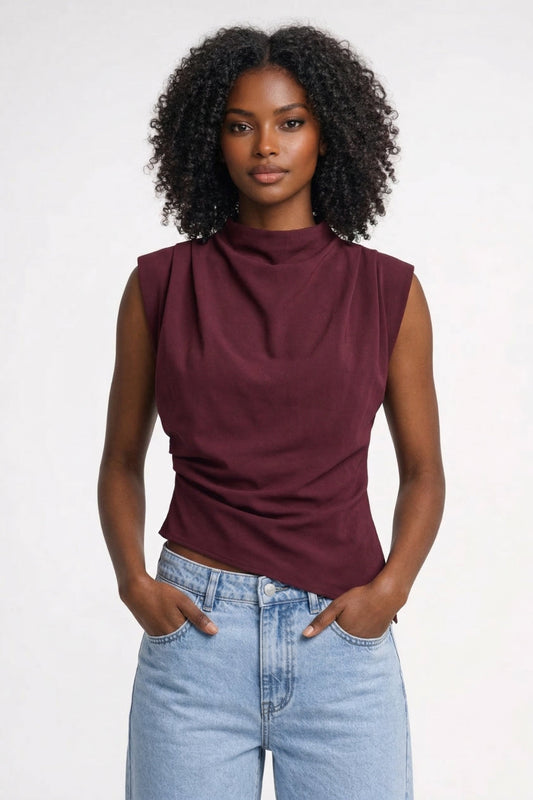 Top Femme - Sans Manches Col Montant avec Drapé | Élégant