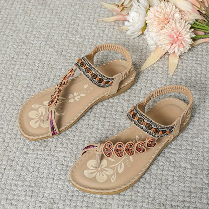 Valentine - Sandales Confort Femme Bohème avec Brides Perlées et Élastique Ajustable