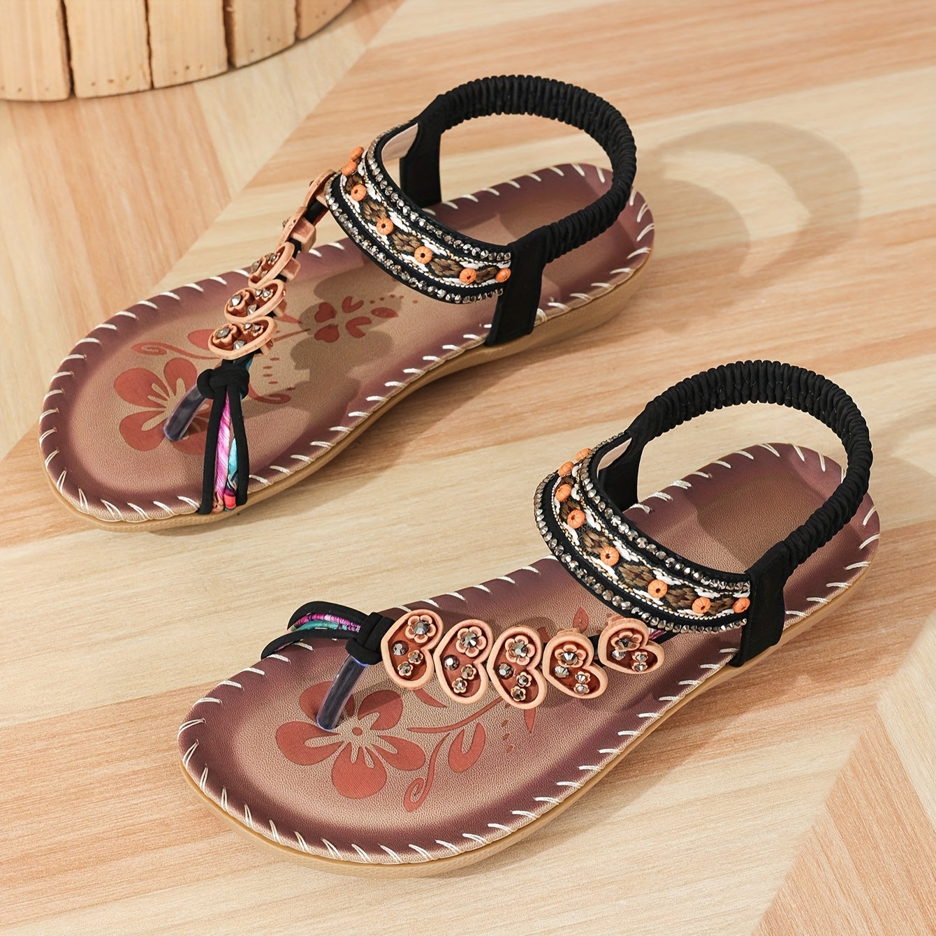 Valentine - Sandales Confort Femme Bohème avec Brides Perlées et Élastique Ajustable