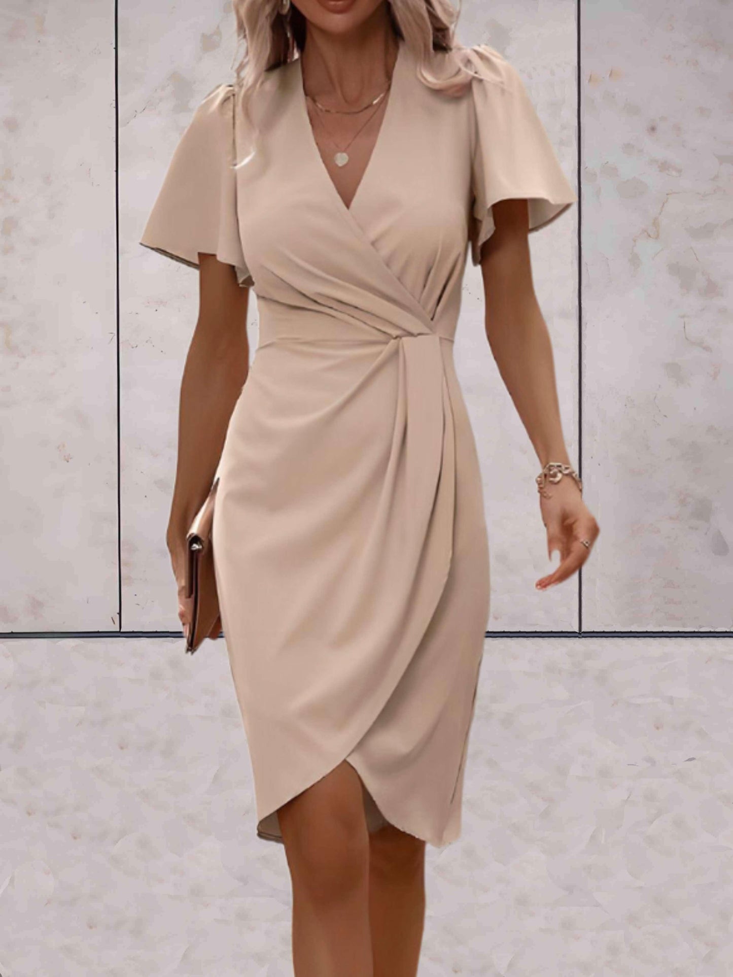 Victoire - Robe d'Été Chic Femme à Col V Croisé avec Drapé Torsadé et Manches Volantées