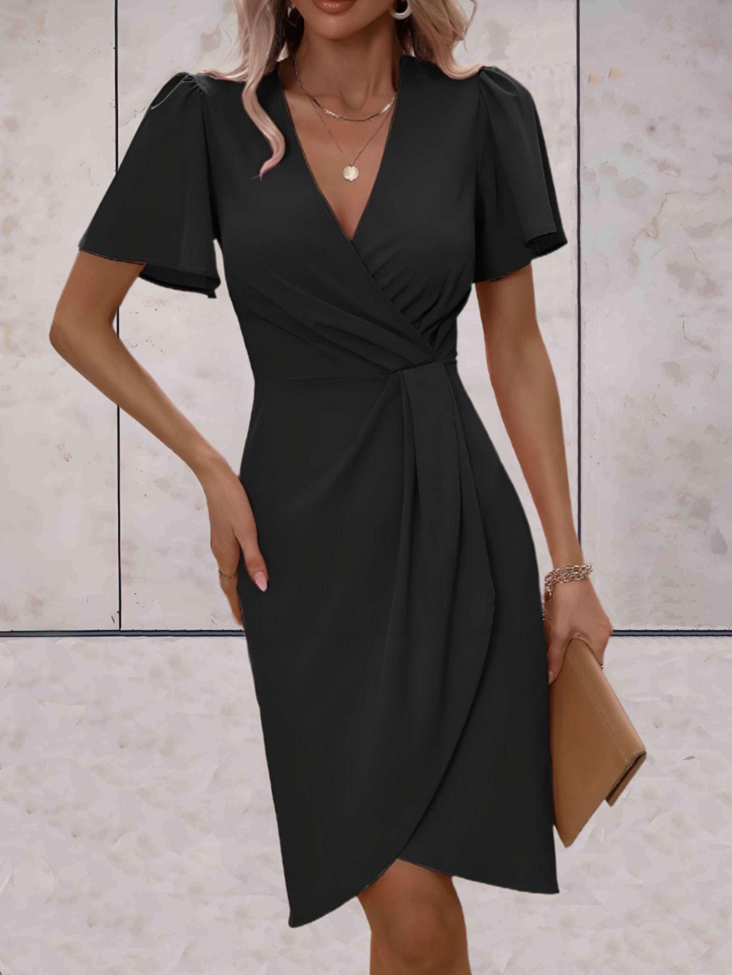 Victoire - Robe d'Été Chic Femme à Col V Croisé avec Drapé Torsadé et Manches Volantées