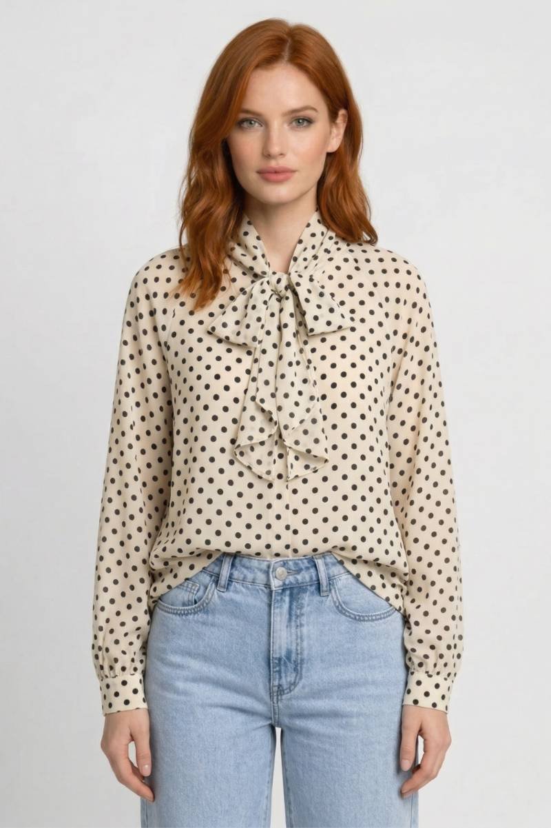Blouse Femme - Col Lavallière Pois | Romantique - Beige Pois