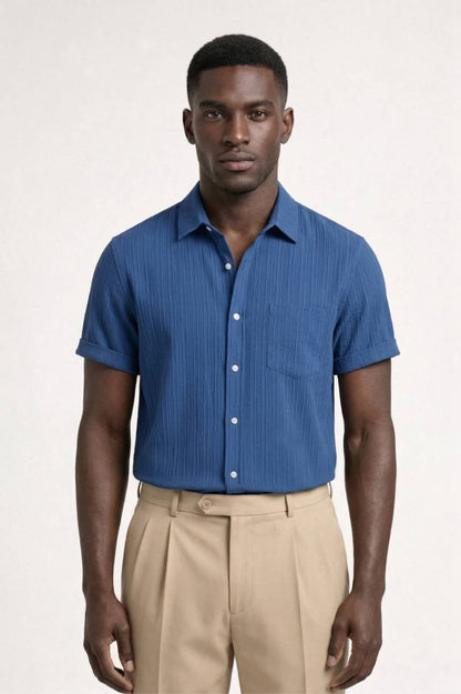 Chemise Homme - Rayée Texturée Manches Courtes | Décontracté - Bleu Rayé