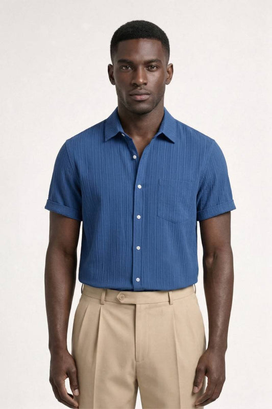 Chemise Homme - Rayée Texturée Manches Courtes | Décontracté - Bleu Rayé