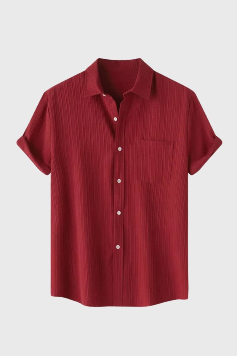 Chemise Homme - Rayée Texturée Manches Courtes | Décontracté - Bordeaux Rayé