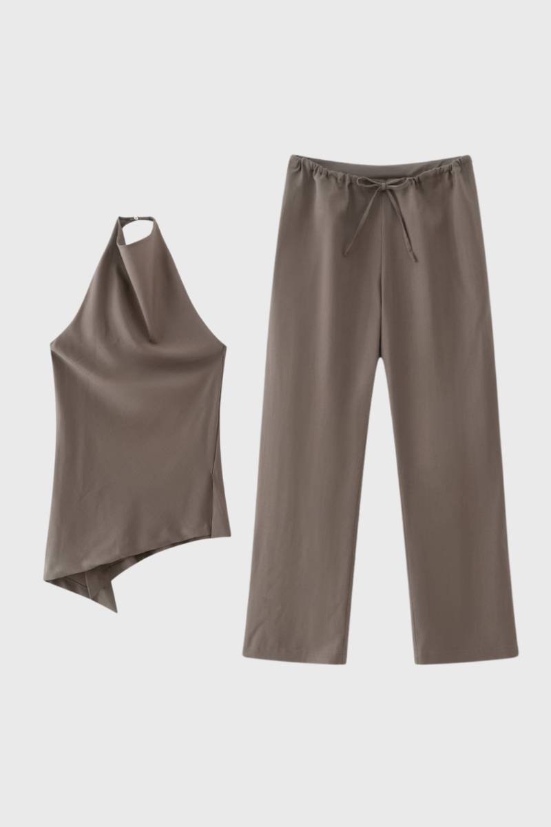 Ensemble Femme - Asymétrique Chic avec Pantalon Large | Moderne — Taupe