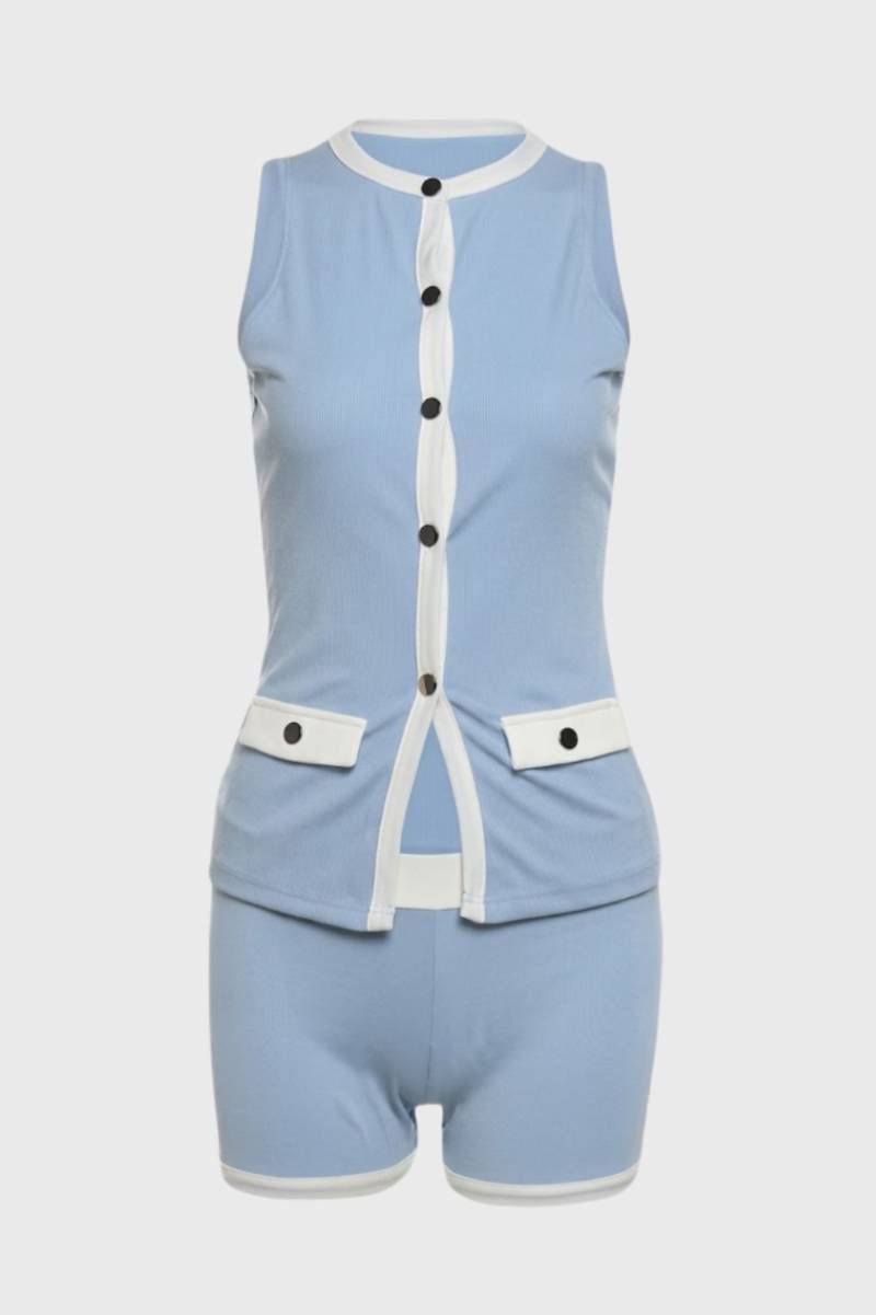 Ensemble Femme - Débardeur Boutonné avec Bermuda | Chic — Bleu Clair