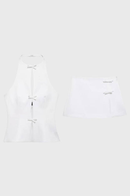 Ensemble Femme - Halter Top & Mini Jupe avec Détails Nœuds | Élégant — Blanc