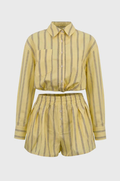 Ensemble Femme - Rayé Jaune Col Chemise Manches Longues | Décontracté — Jaune Rayé