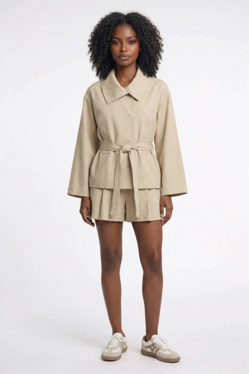 Ensemble Femme - Veste Ceinturée avec Short | Moderne — Beige