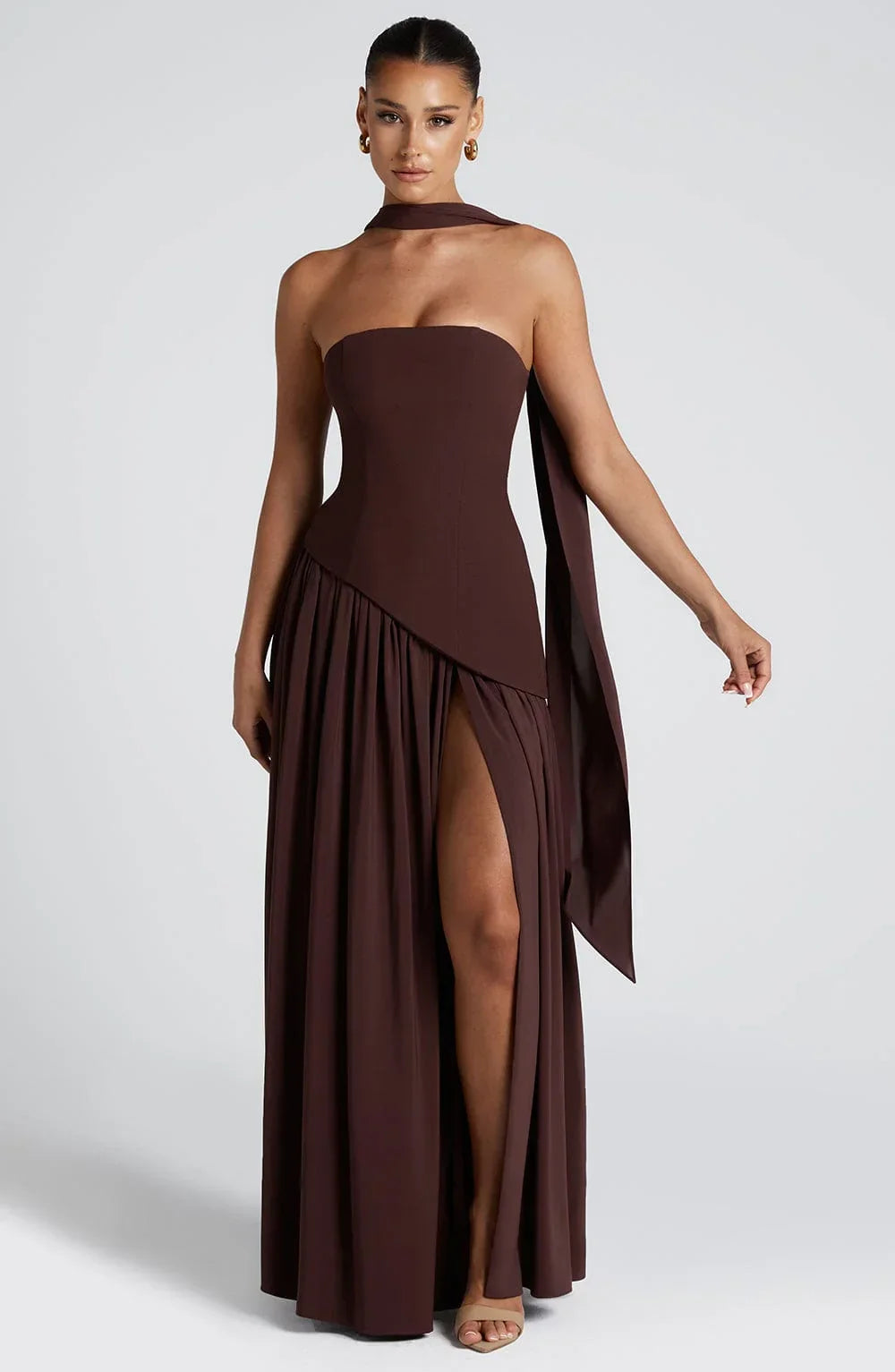 Éleonore - Robe Invitée Mariage Femme Habillée Bustier avec Fente Haute et Écharpe au Cou