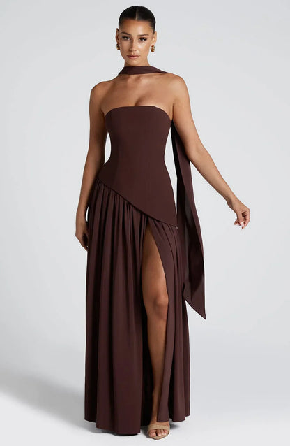 Éleonore - Robe Invitée Mariage Femme Habillée Bustier avec Fente Haute et Écharpe au Cou