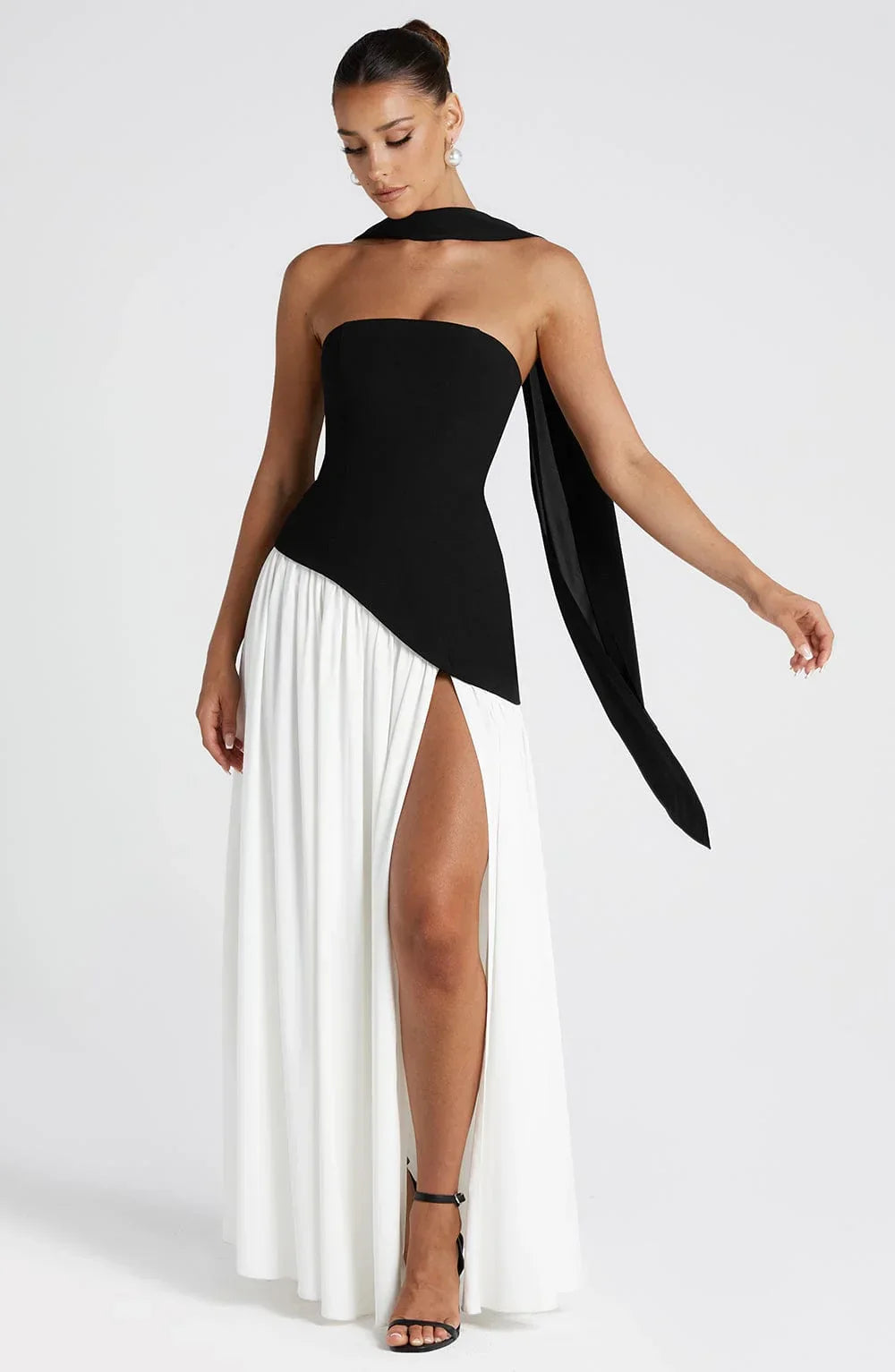 Éleonore - Robe Invitée Mariage Femme Habillée Bustier avec Fente Haute et Écharpe au Cou