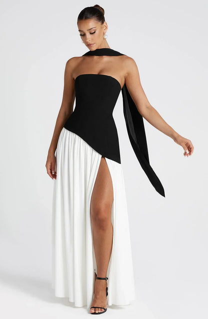 Éleonore - Robe Invitée Mariage Femme Habillée Bustier avec Fente Haute et Écharpe au Cou