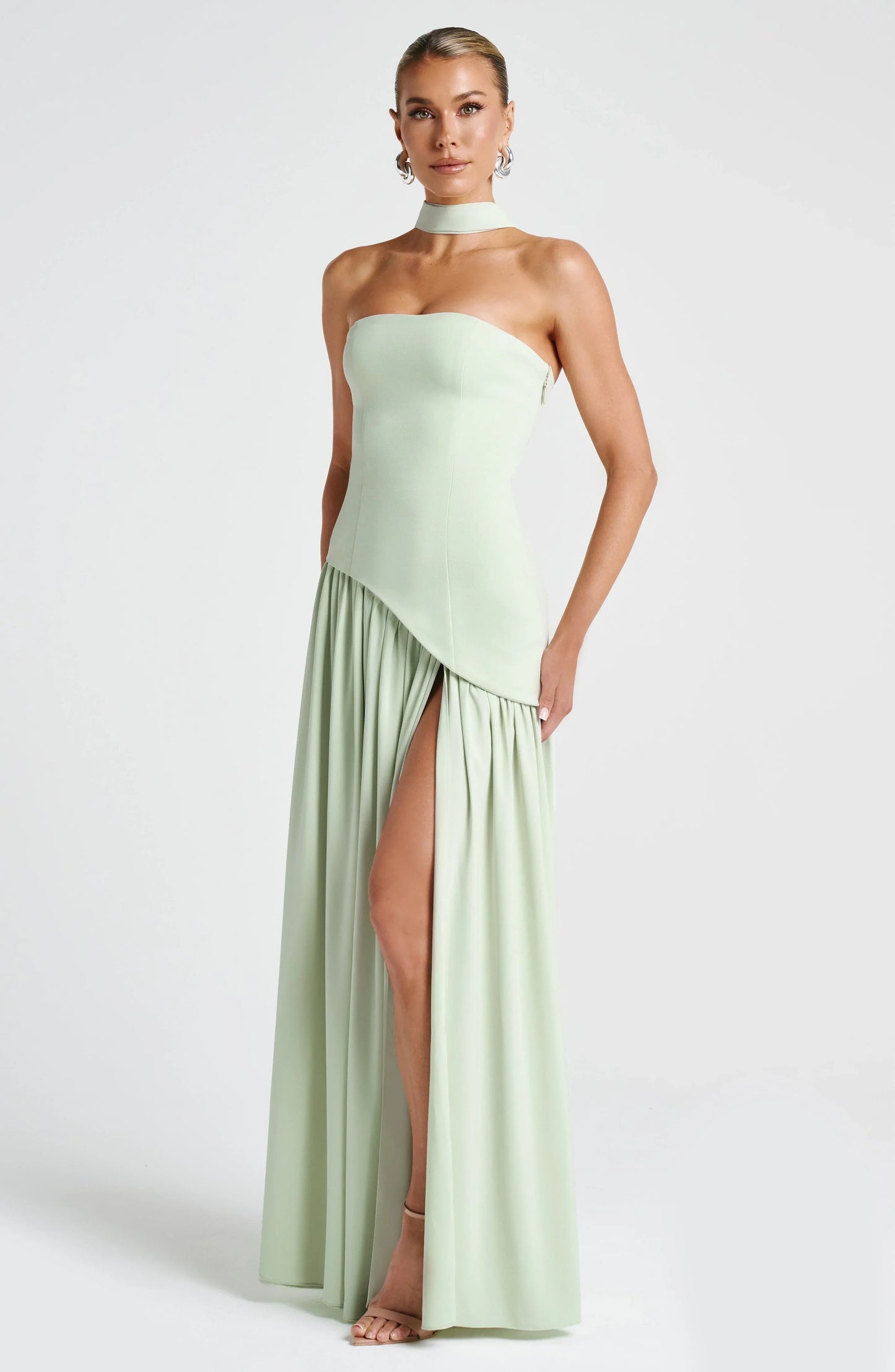 Éleonore - Robe Invitée Mariage Femme Habillée Bustier avec Fente Haute et Écharpe au Cou