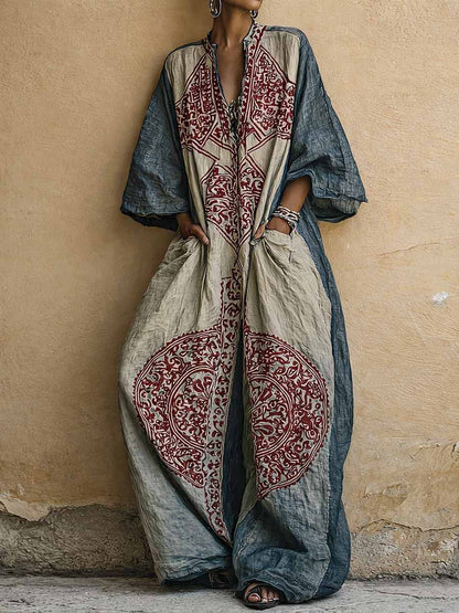 Élise - Combinaison en Lin Bohème Femme avec Broderies Mandala et Coupe Kaftan Maxi